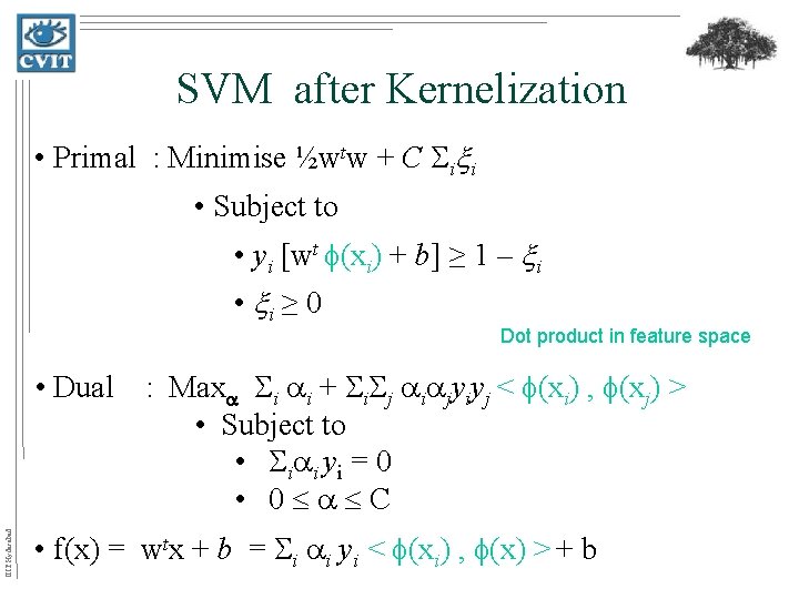SVM after Kernelization • Primal : Minimise ½wtw + C i i • Subject
