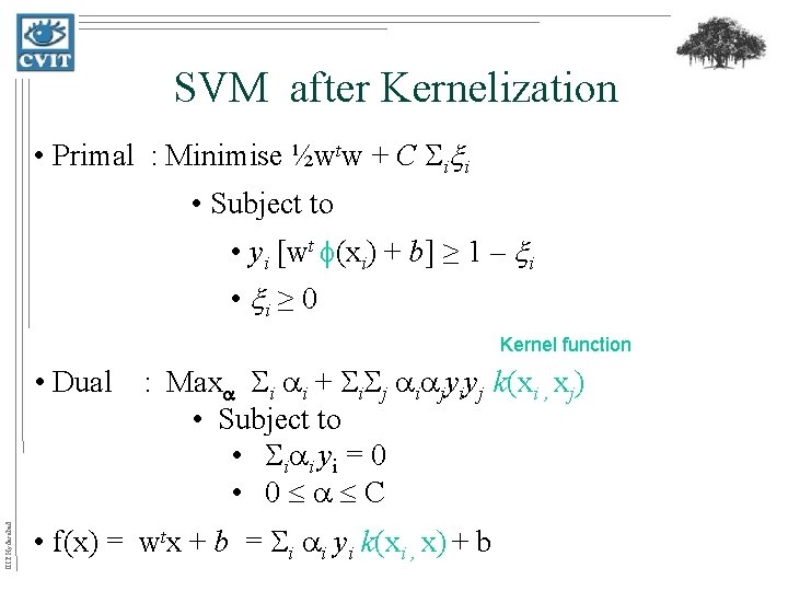 SVM after Kernelization • Primal : Minimise ½wtw + C i i • Subject