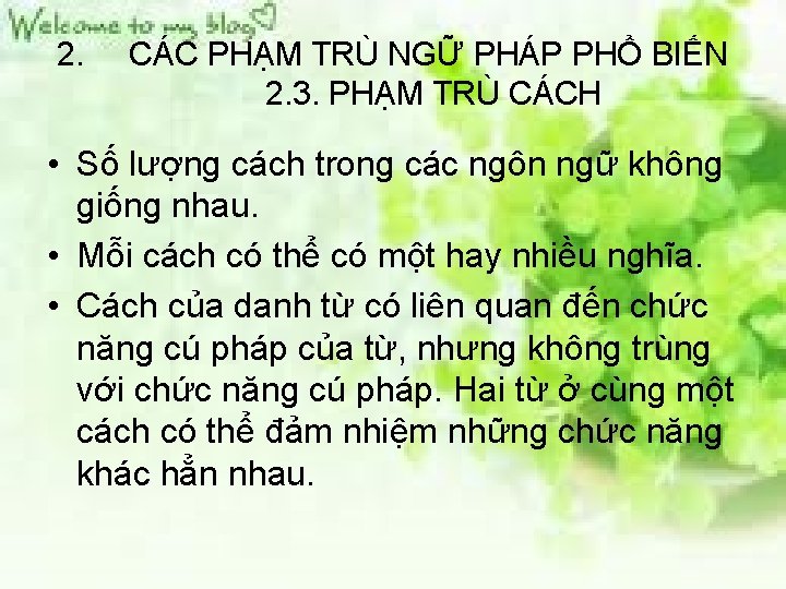 2. CÁC PHẠM TRÙ NGỮ PHÁP PHỔ BIẾN 2. 3. PHẠM TRÙ CÁCH •