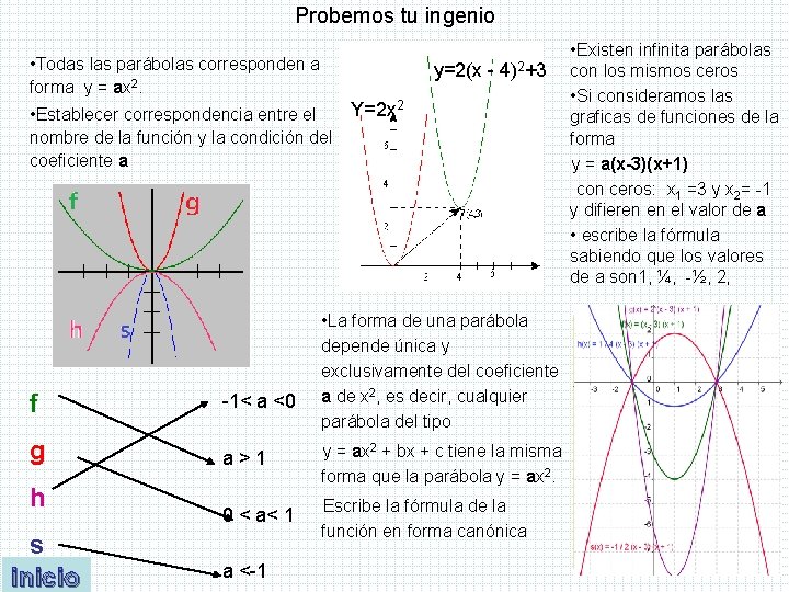 Probemos tu ingenio • Todas las parábolas corresponden a forma y = ax 2. Probemos tu ingenio • Todas las parábolas corresponden a forma y = ax 2.