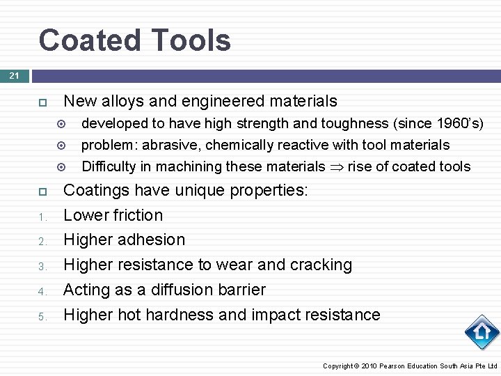 Coated Tools 21 New alloys and engineered materials 1. 2. 3. 4. 5. developed