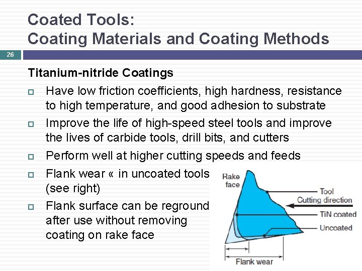 Coated Tools: Coating Materials and Coating Methods 26 Titanium-nitride Coatings Have low friction coefficients,