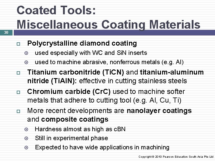 30 Coated Tools: Miscellaneous Coating Materials Polycrystalline diamond coating used especially with WC and