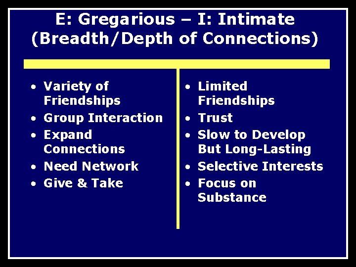 E: Gregarious – I: Intimate (Breadth/Depth of Connections) • Variety of Friendships • Group
