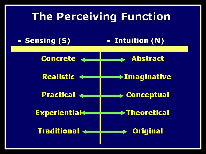 The Perceiving Function • Sensing (S) • Intuition (N) Concrete Abstract Realistic Imaginative Practical