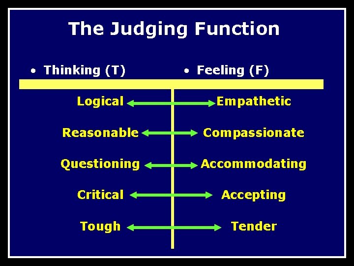 The Judging Function • Thinking (T) • Feeling (F) Logical Empathetic Reasonable Compassionate Questioning