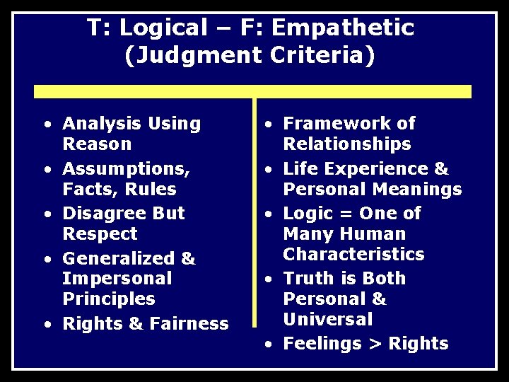 T: Logical – F: Empathetic (Judgment Criteria) • Analysis Using Reason • Assumptions, Facts,