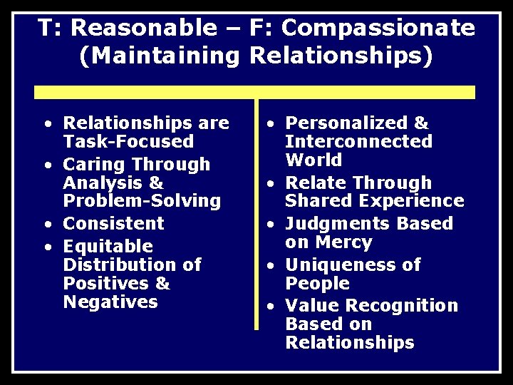 T: Reasonable – F: Compassionate (Maintaining Relationships) • Relationships are Task-Focused • Caring Through