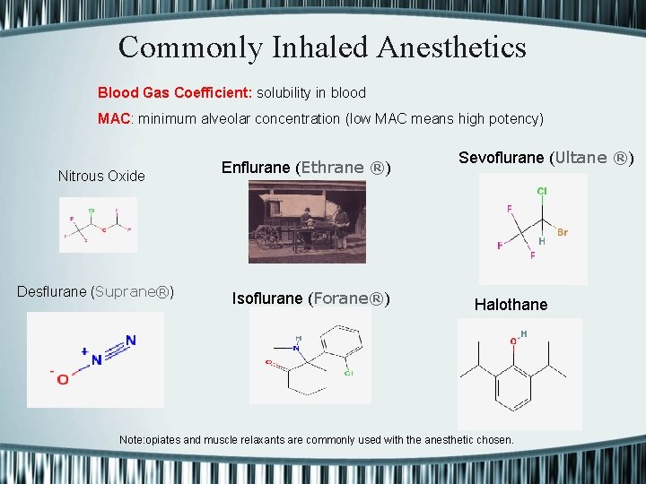 Commonly Inhaled Anesthetics Blood Gas Coefficient: solubility in blood MAC: minimum alveolar concentration (low