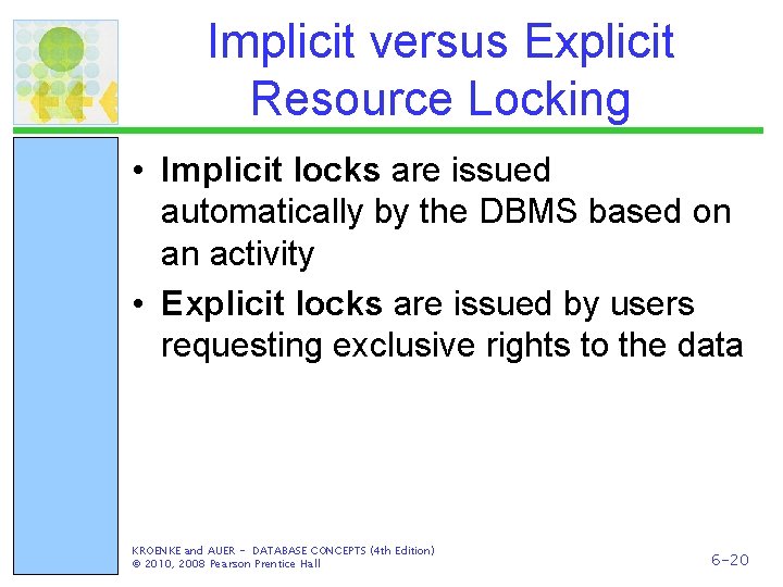 Implicit versus Explicit Resource Locking • Implicit locks are issued automatically by the DBMS