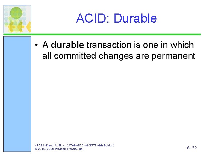 ACID: Durable • A durable transaction is one in which all committed changes are