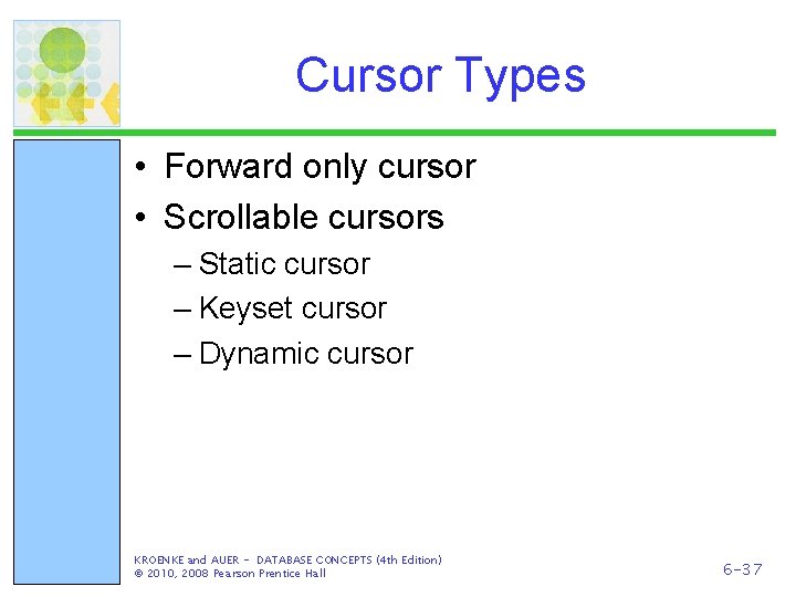 Cursor Types • Forward only cursor • Scrollable cursors – Static cursor – Keyset