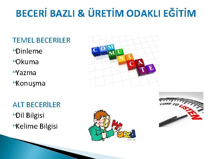 BECERİ BAZLI & ÜRETİM ODAKLI EĞİTİM TEMEL BECERİLER Dinleme Okuma Yazma Konuşma ALT BECERİLER