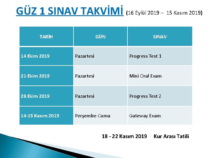 GÜZ 1 SINAV TAKVİMİ (16 Eylül 2019 – 15 Kasım 2019) TARİH GÜN SINAV