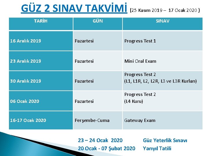 GÜZ 2 SINAV TAKVİMİ (25 Kasım 2019 – 17 Ocak 2020 ) TARİH GÜN