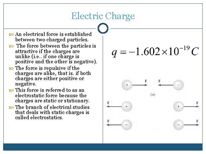 Electric Charge An electrical force is established between two charged particles. The force between Electric Charge An electrical force is established between two charged particles. The force between
