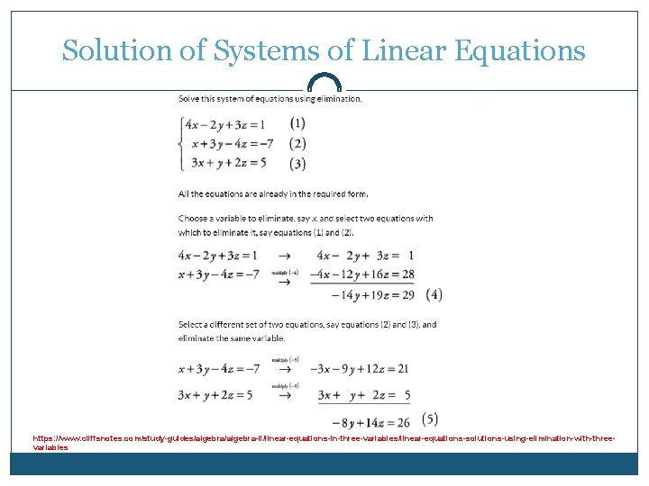 Solution of Systems of Linear Equations https: //www. cliffsnotes. com/study-guides/algebra-ii/linear-equations-in-three-variables/linear-equations-solutions-using-elimination-with-threevariables Solution of Systems of Linear Equations https: //www. cliffsnotes. com/study-guides/algebra-ii/linear-equations-in-three-variables/linear-equations-solutions-using-elimination-with-threevariables