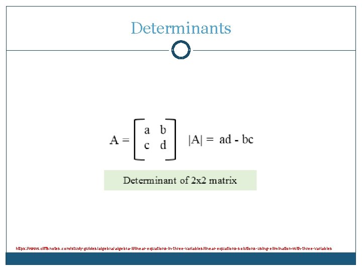 Determinants https: //www. cliffsnotes. com/study-guides/algebra-ii/linear-equations-in-three-variables/linear-equations-solutions-using-elimination-with-three-variables Determinants https: //www. cliffsnotes. com/study-guides/algebra-ii/linear-equations-in-three-variables/linear-equations-solutions-using-elimination-with-three-variables