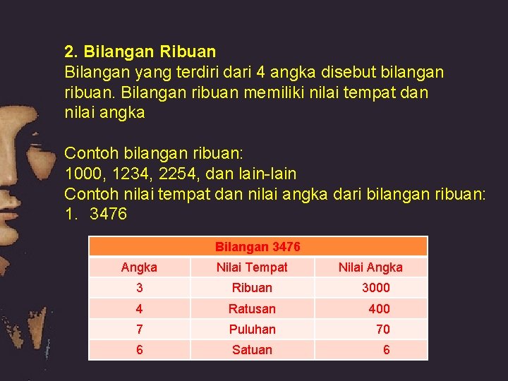 2. Bilangan Ribuan Bilangan yang terdiri dari 4 angka disebut bilangan ribuan. Bilangan ribuan