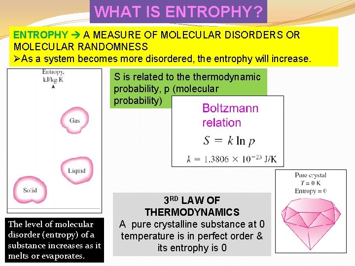 WHAT IS ENTROPHY? ENTROPHY A MEASURE OF MOLECULAR DISORDERS OR MOLECULAR RANDOMNESS ØAs a