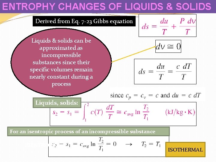 ENTROPHY CHANGES OF LIQUIDS & SOLIDS Derived from Eq. 7 -23 Gibbs equation Liquids