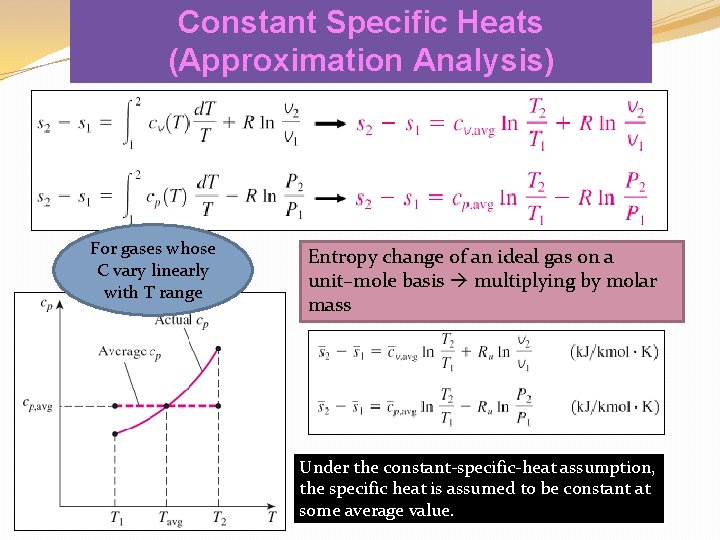 Constant Specific Heats (Approximation Analysis) For gases whose C vary linearly with T range