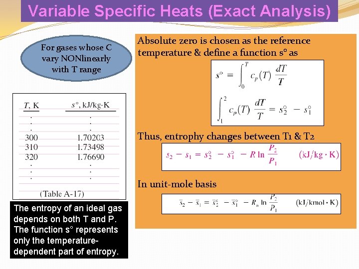 Variable Specific Heats (Exact Analysis) For gases whose C vary NONlinearly with T range