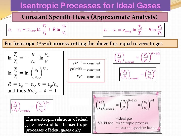 Isentropic Processes for Ideal Gases Constant Specific Heats (Approximate Analysis) For Isentropic (Δs=0) process,