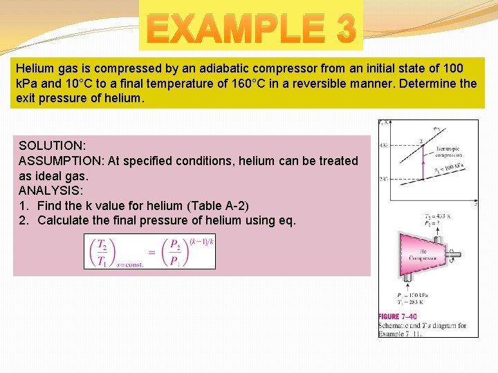 EXAMPLE 3 Helium gas is compressed by an adiabatic compressor from an initial state
