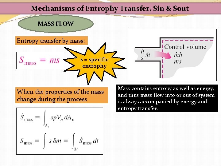 Mechanisms of Entrophy Transfer, Sin & Sout MASS FLOW Entropy transfer by mass: s