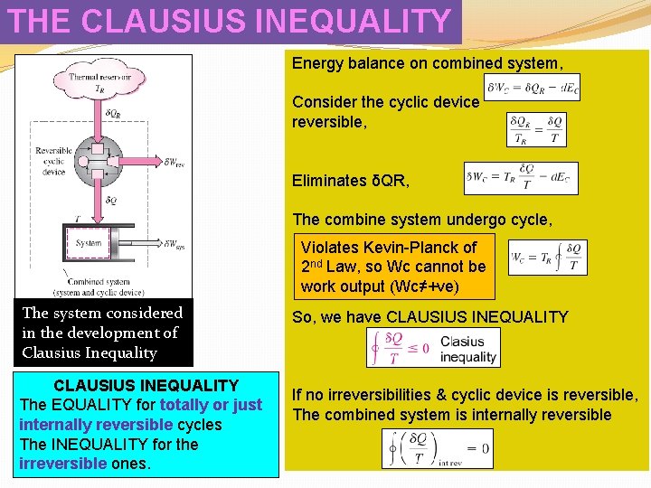 THE CLAUSIUS INEQUALITY Energy balance on combined system, Consider the cyclic device reversible, Eliminates