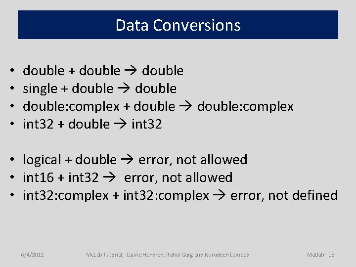 Data Conversions • • double + double single + double: complex + double: complex