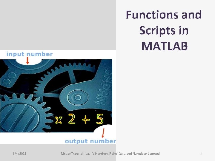 Functions and Scripts in MATLAB 6/4/2011 Mc. Lab Tutorial, Laurie Hendren, Rahul Garg and