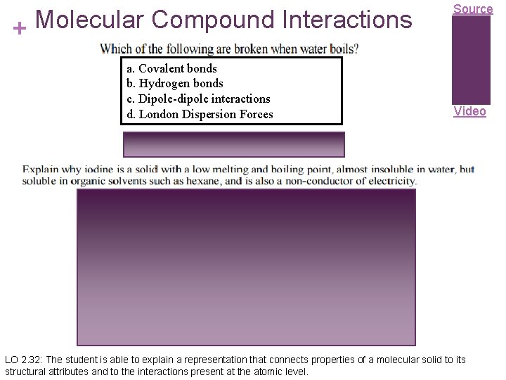 Molecular Compound Interactions + a. Covalent bonds b. Hydrogen bonds c. Dipole-dipole interactions d.