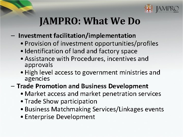 JAMPRO: What We Do – Investment facilitation/implementation • Provision of investment opportunities/profiles • Identification