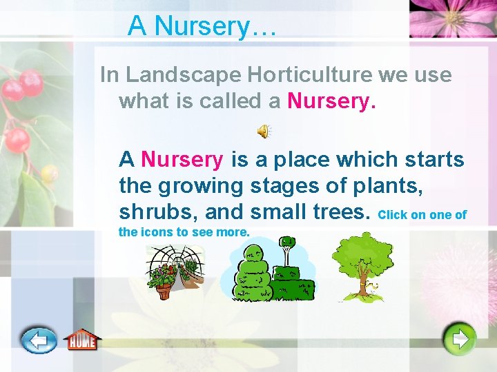 A Nursery… In Landscape Horticulture we use what is called a Nursery. A Nursery