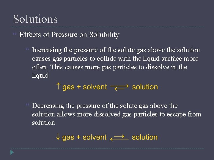 Solutions Effects of Pressure on Solubility Increasing the pressure of the solute gas above