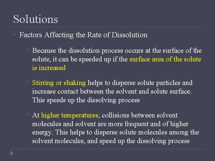 Solutions Factors Affecting the Rate of Dissolution Because the dissolution process occurs at the