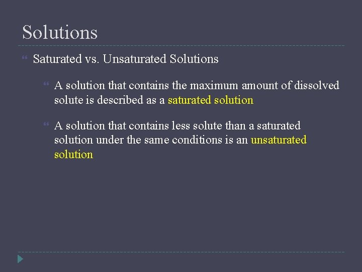 Solutions Saturated vs. Unsaturated Solutions A solution that contains the maximum amount of dissolved