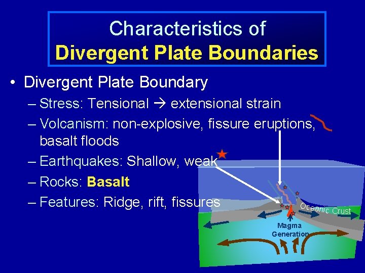 Characteristics of Divergent Plate Boundaries • Divergent Plate Boundary – Stress: Tensional extensional strain