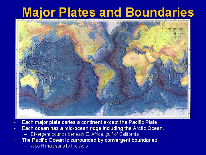 Major Plates and Boundaries • • Each major plate caries a continent except the