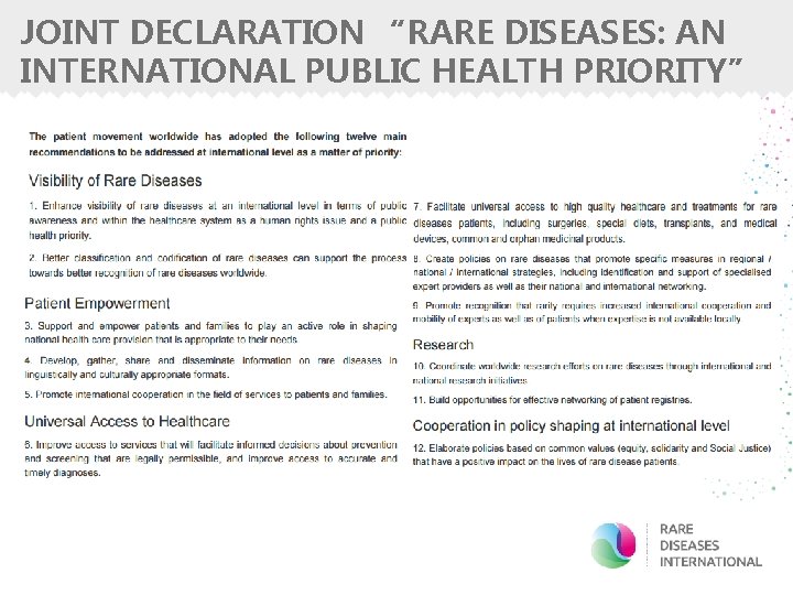 JOINT DECLARATION “RARE DISEASES: AN INTERNATIONAL PUBLIC HEALTH PRIORITY” 