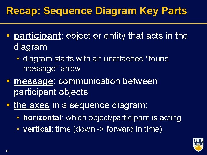 Recap: Sequence Diagram Key Parts § participant: object or entity that acts in the