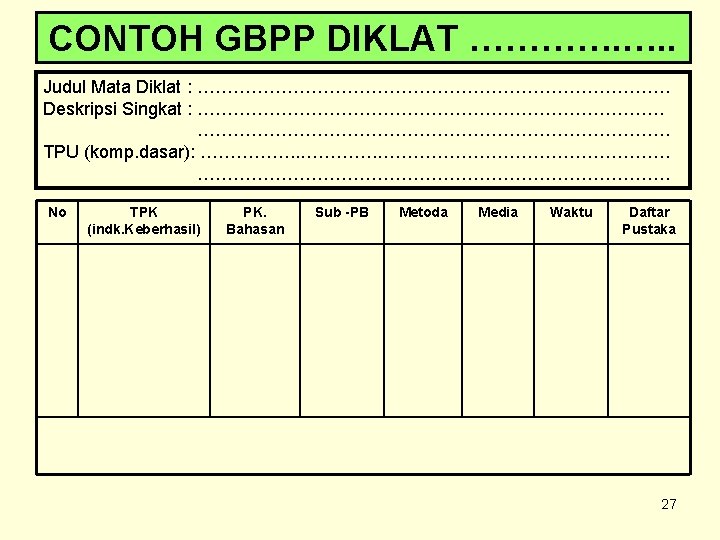 CONTOH GBPP DIKLAT …………. …. . Judul Mata Diklat : …………………………………. Deskripsi Singkat :