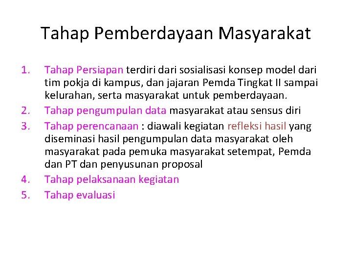 Tahap Pemberdayaan Masyarakat 1. 2. 3. 4. 5. Tahap Persiapan terdiri dari sosialisasi konsep