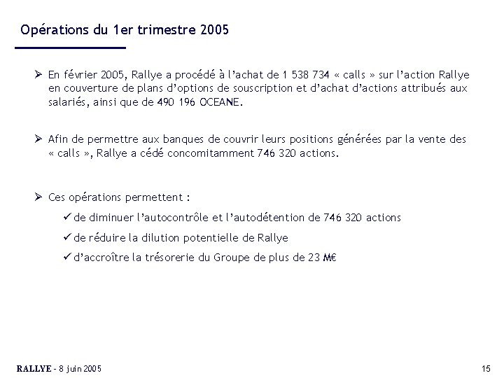 Opérations du 1 er trimestre 2005 Ø En février 2005, Rallye a procédé à