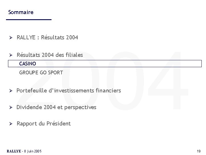 Sommaire Ø Ø RALLYE : Résultats 2004 des filiales CASINO GROUPE GO SPORT Ø