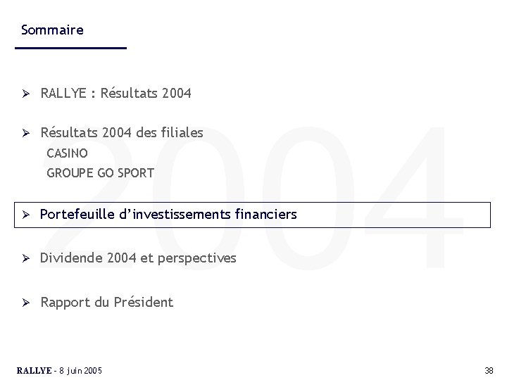 Sommaire Ø Ø RALLYE : Résultats 2004 des filiales CASINO GROUPE GO SPORT Ø