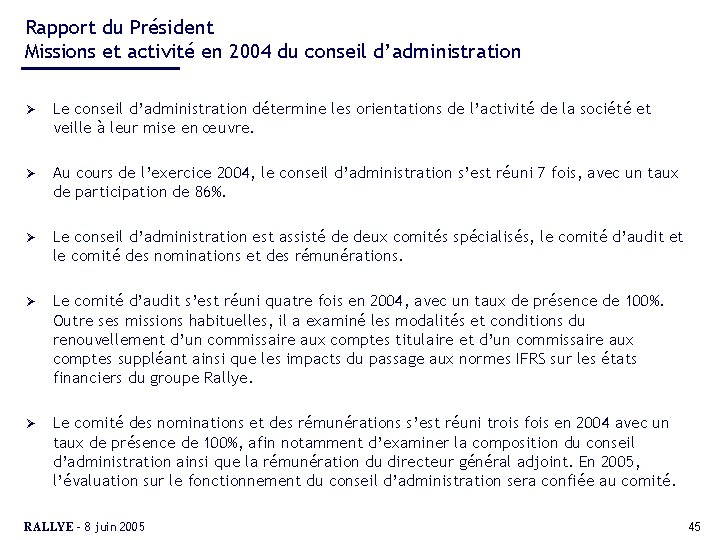 Rapport du Président Missions et activité en 2004 du conseil d’administration Ø Le conseil