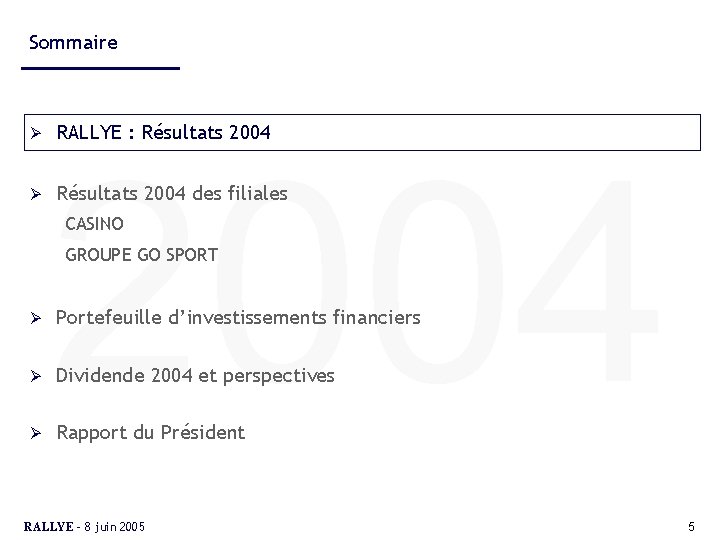 Sommaire Ø Ø RALLYE : Résultats 2004 des filiales CASINO GROUPE GO SPORT Ø